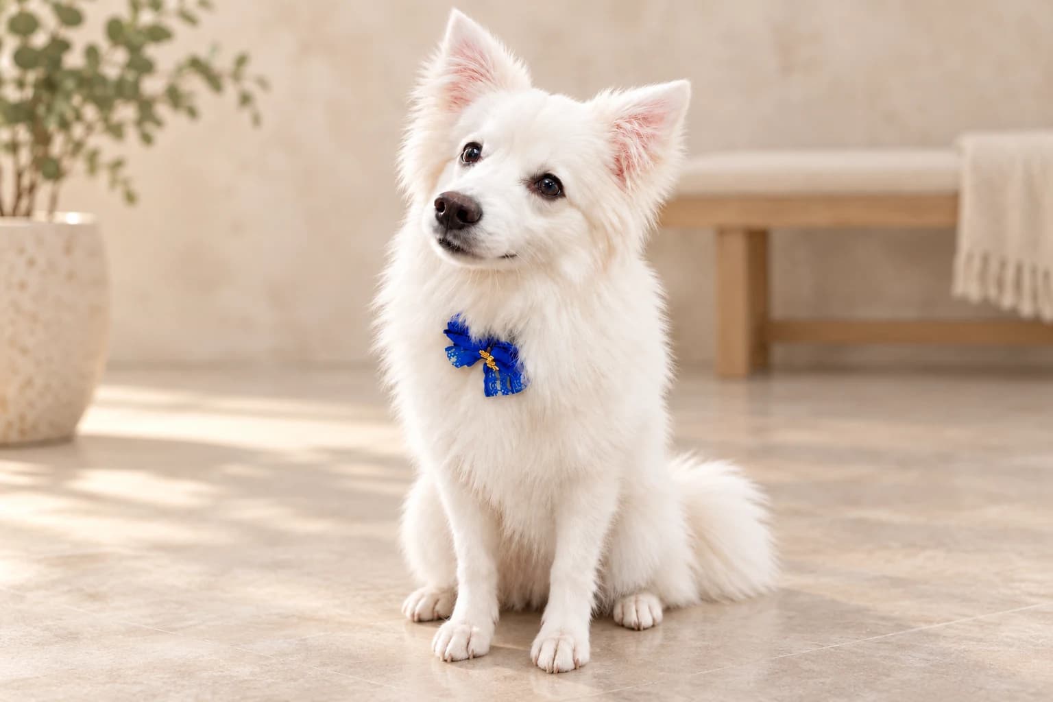 Lulu after her groom, wearing a blue and gold bow.
