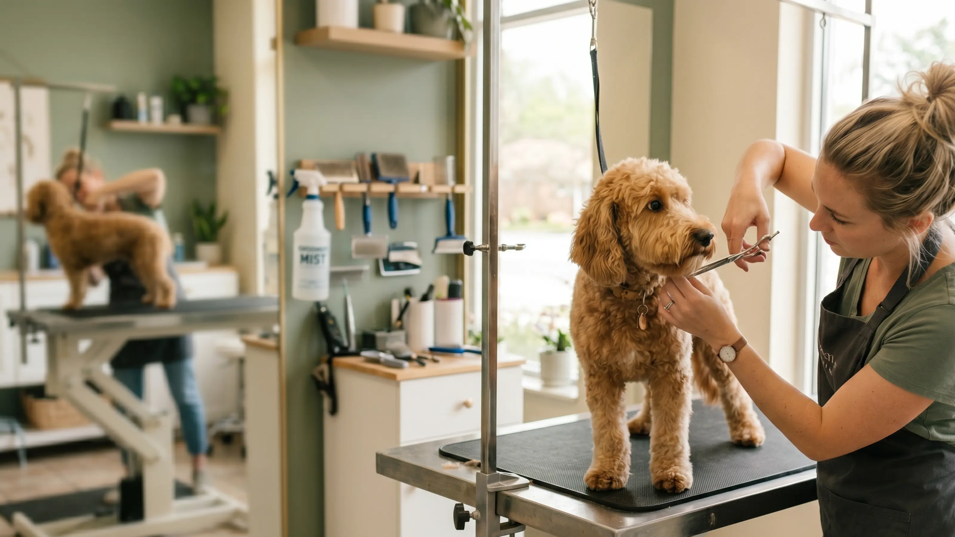A groomer finishing a dog on the table in a working salon
