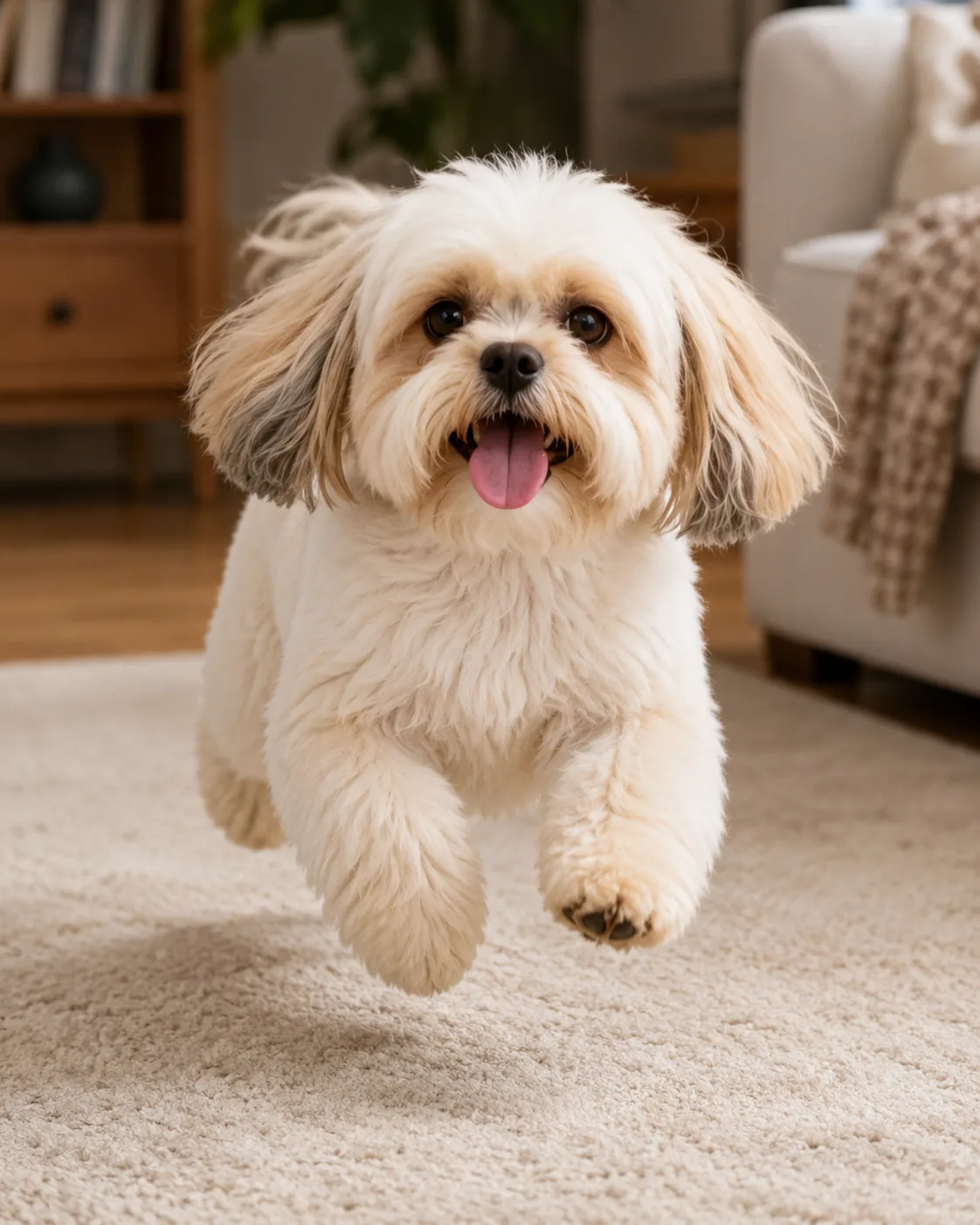 A client's photo of a small cream-coated dog with a rounded face and long ear hair, sent to show the groom she wants