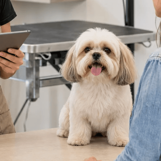 A freshly groomed dog on the salon table, looking at the camera
