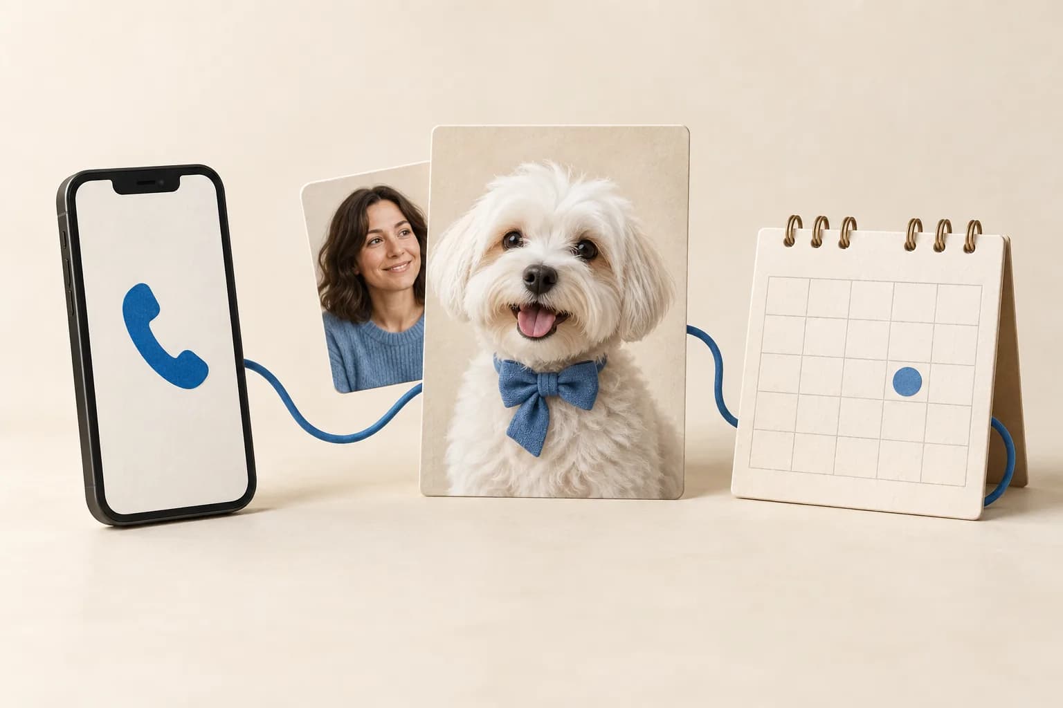 Illustration connecting a phone with a customer, their dog and an appointment calendar