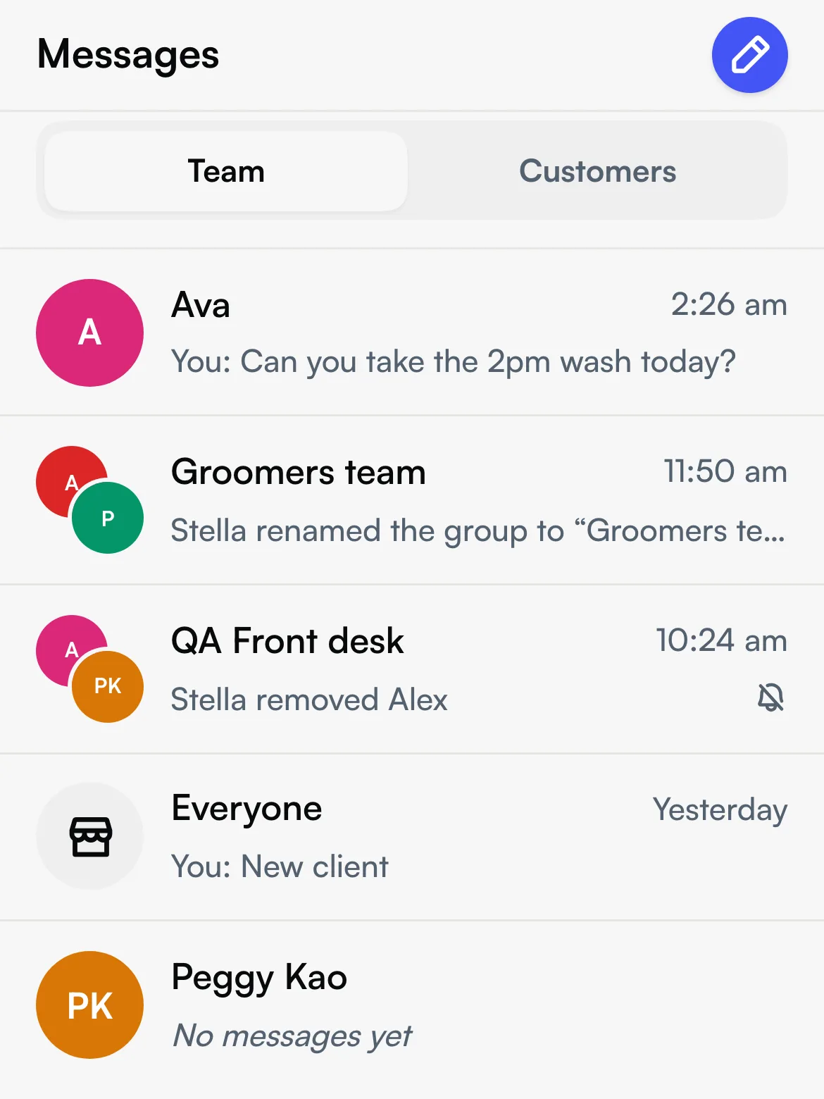 The Seglo appointment app Messages tab with Team selected, listing 1:1 chats, groups and Everyone