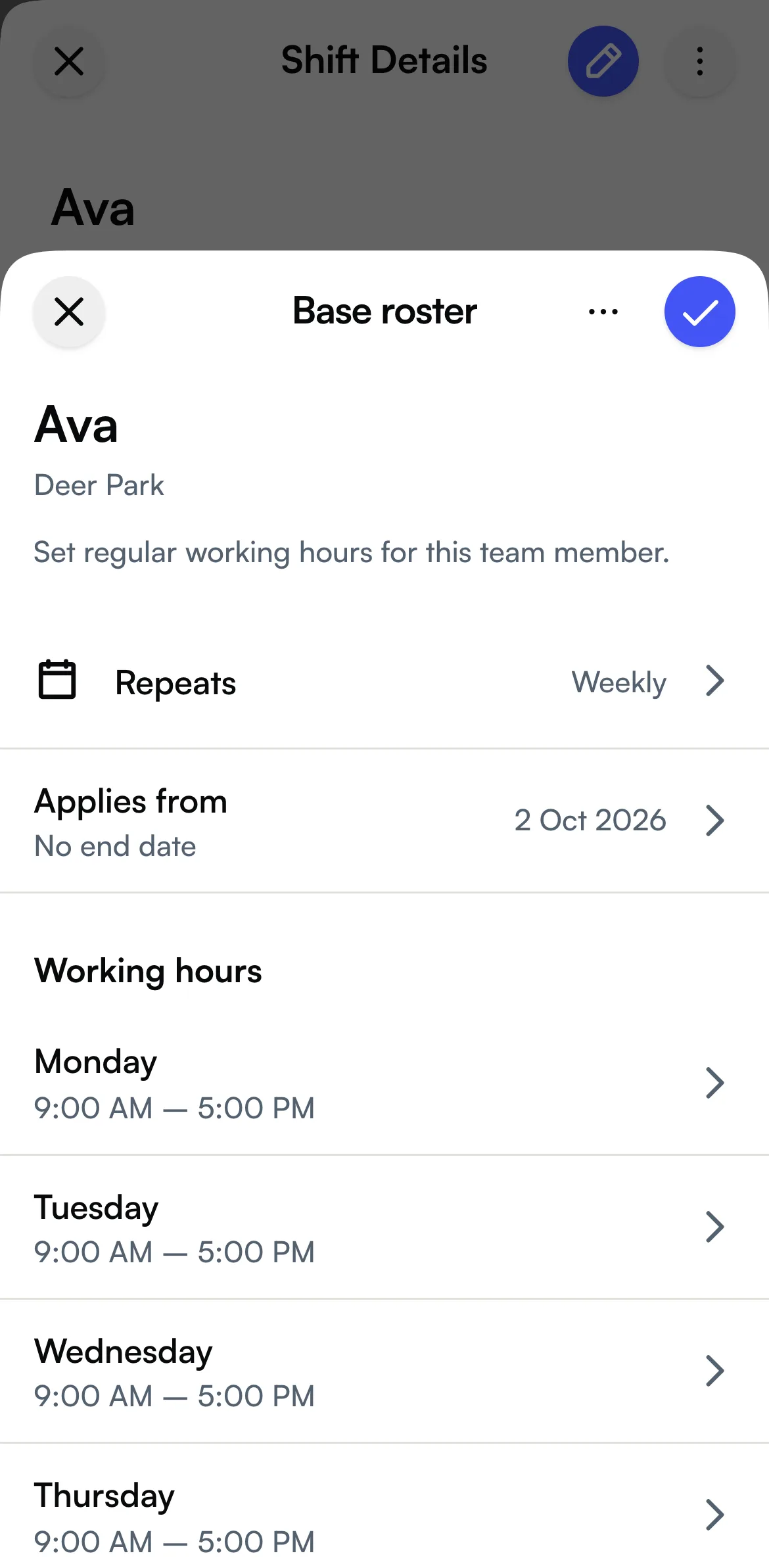 The Base roster sheet in the appointment app with Repeats, Applies from and each day's working hours