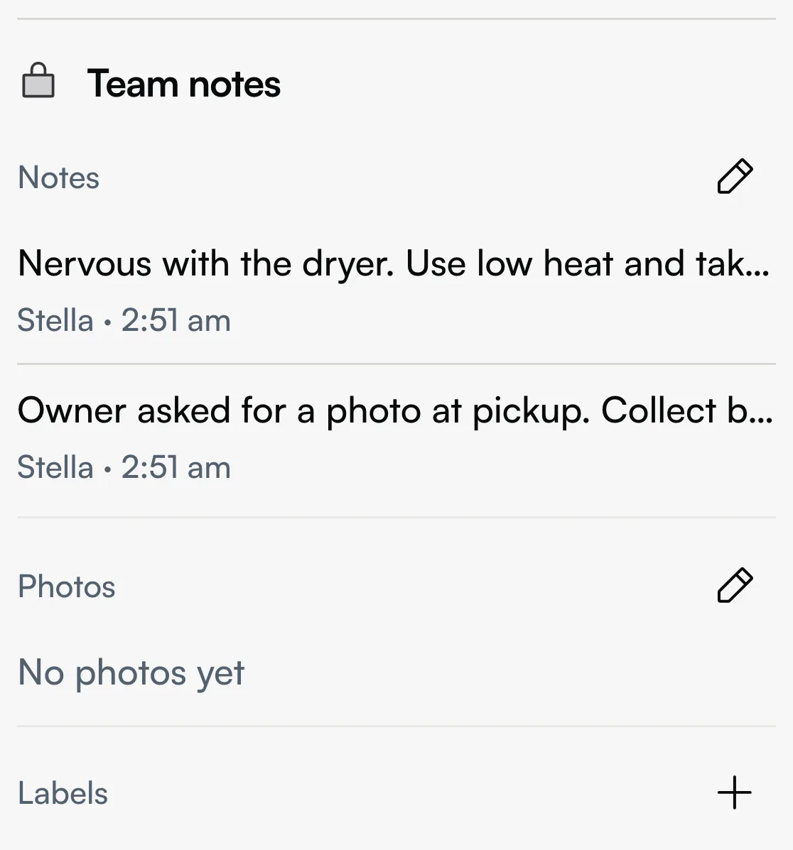 Team notes on a booking in the appointment app, showing the latest two notes and the pencil button