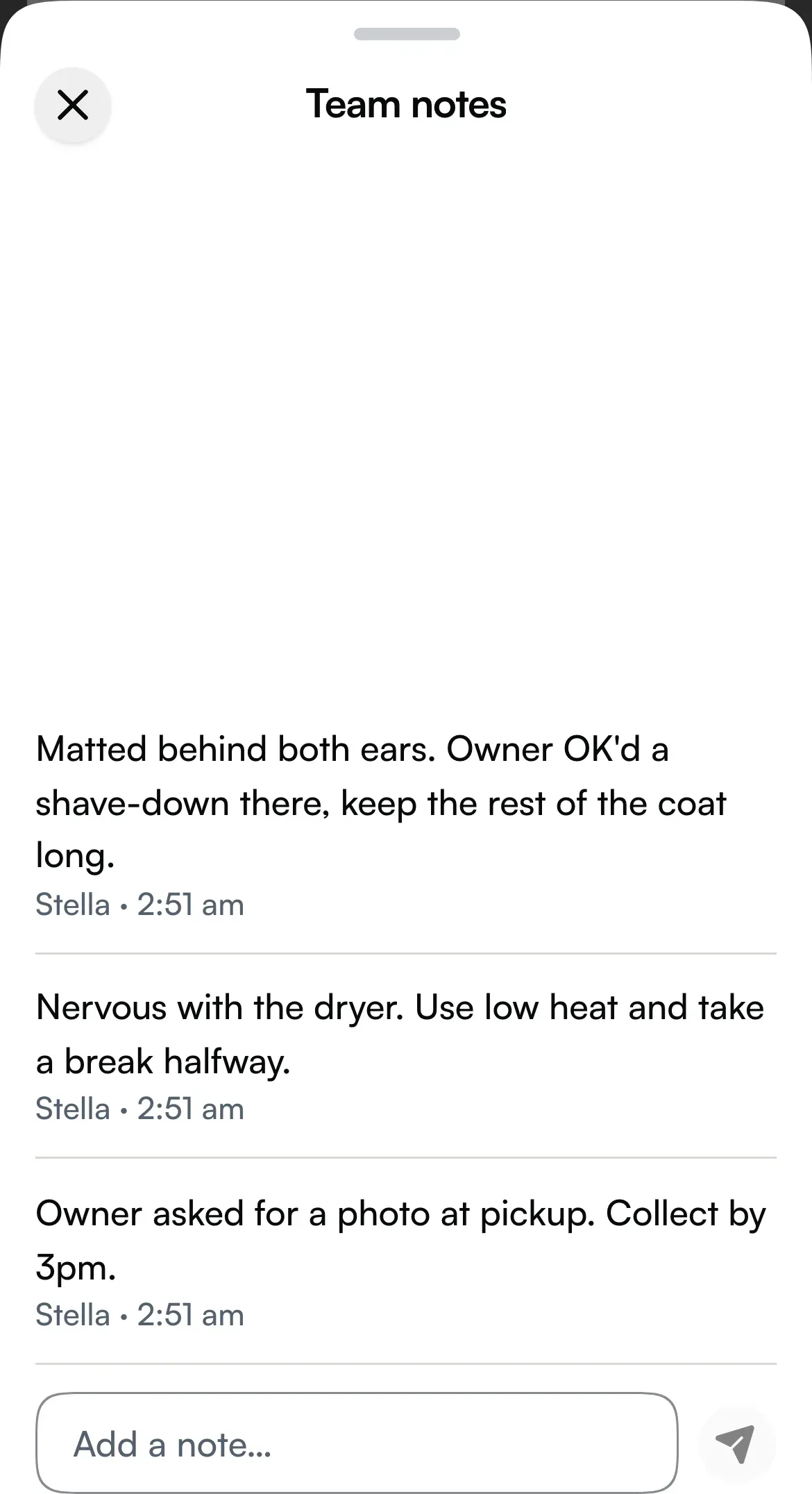 The Team notes sheet in the appointment app with every note and the Add a note… field