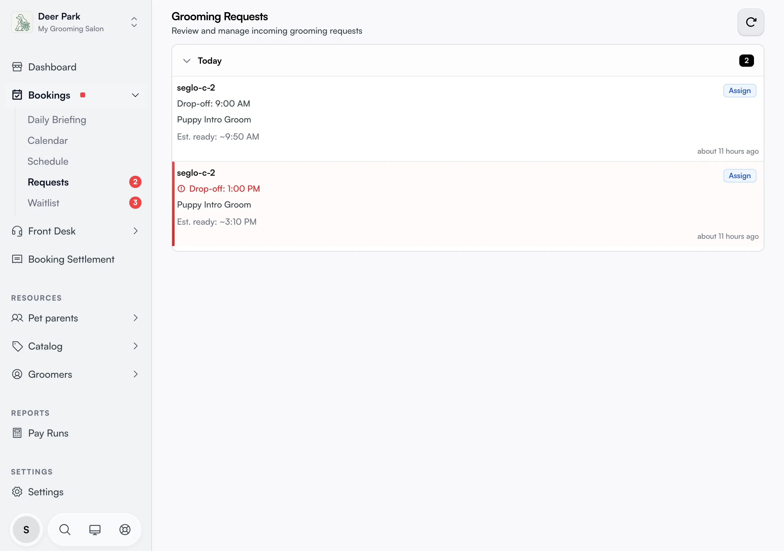 The Appointment Requests page with requests grouped by date