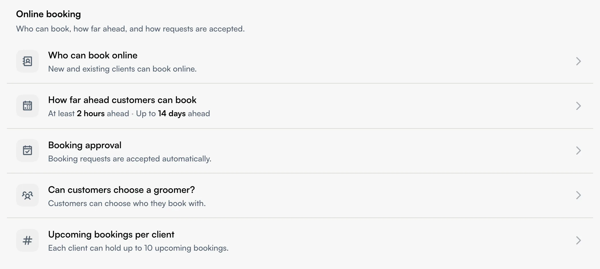 Online booking settings for client eligibility, booking notice, approval, groomer choice and booking limits