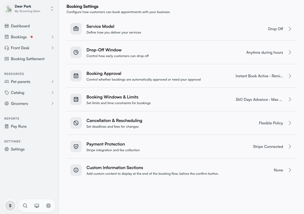 The Booking Settings page listing Service Model, Booking Approval, and the other setting groups