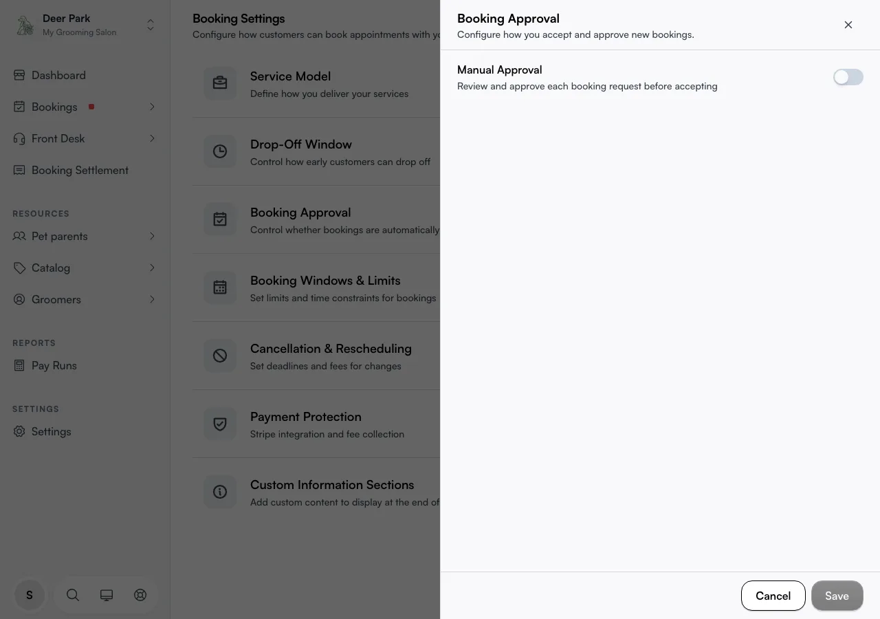 The Booking Approval panel with the Manual Approval toggle, response time, and timeout action