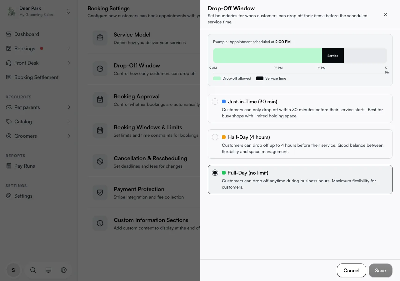 The Booking Windows & Limits panel showing the Earliest drop-off selector for a drop-off business