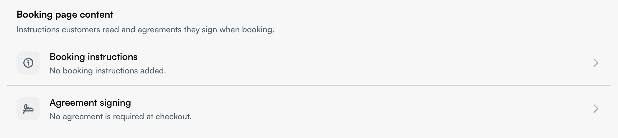 Booking instructions and Agreement signing shown separately under Booking page content