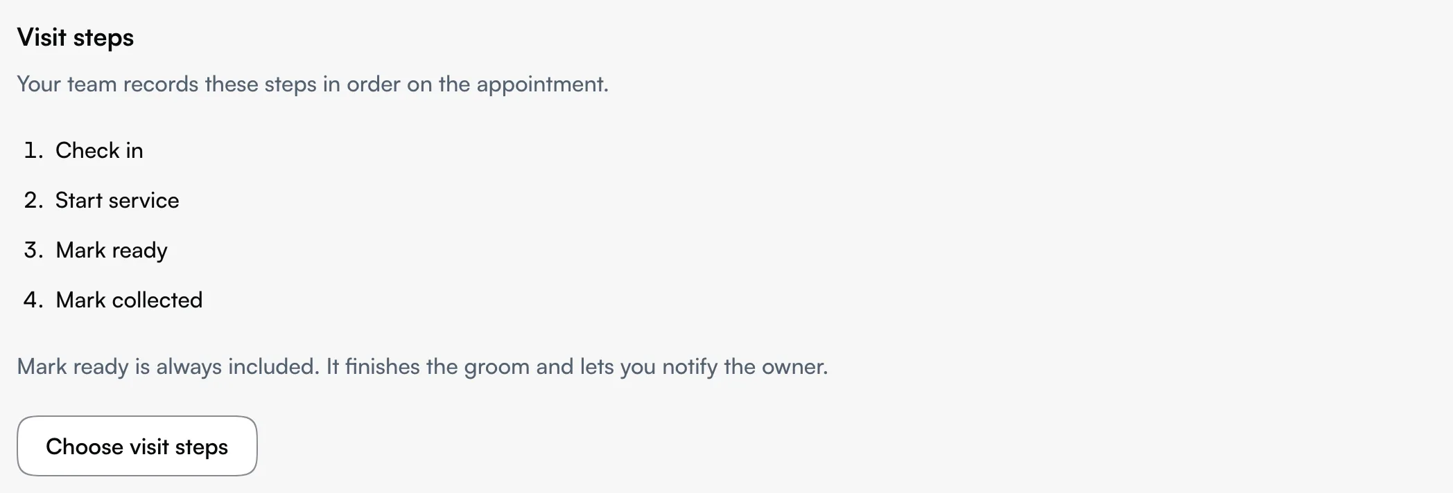 Appointment workflow showing the enabled visit steps and Choose visit steps button