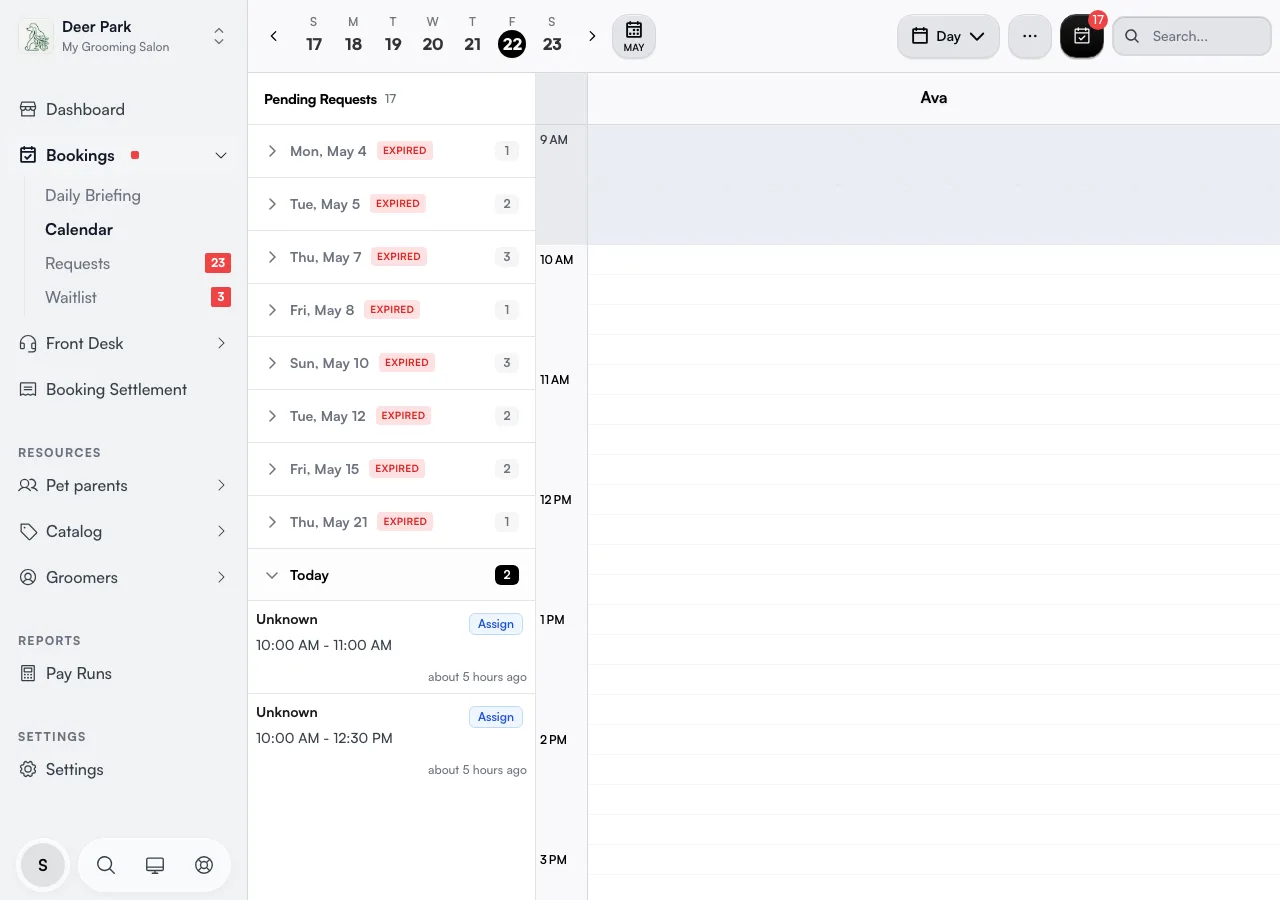 Calendar with staff columns, a time axis down the side, and the Pending Requests panel on the left