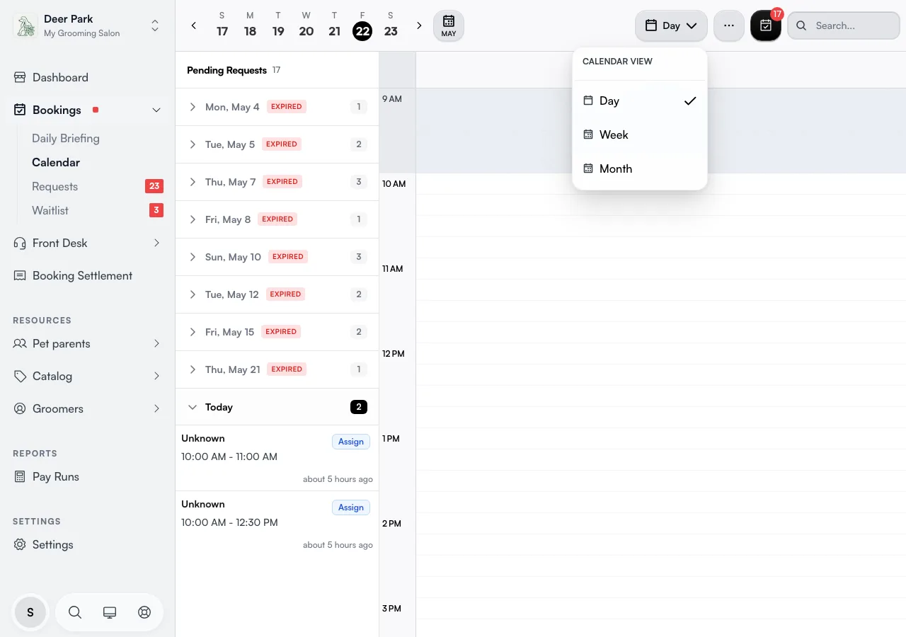 The calendar view menu with Day, Week, and Month options