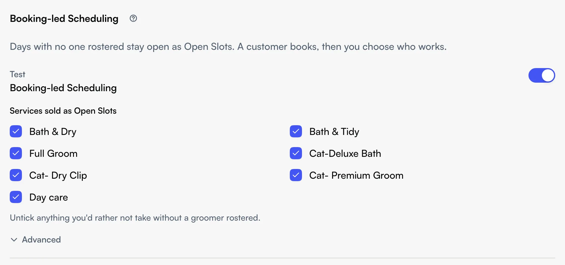 Booking-led Scheduling in Booking settings: the store switch and the services sold as Open Slots