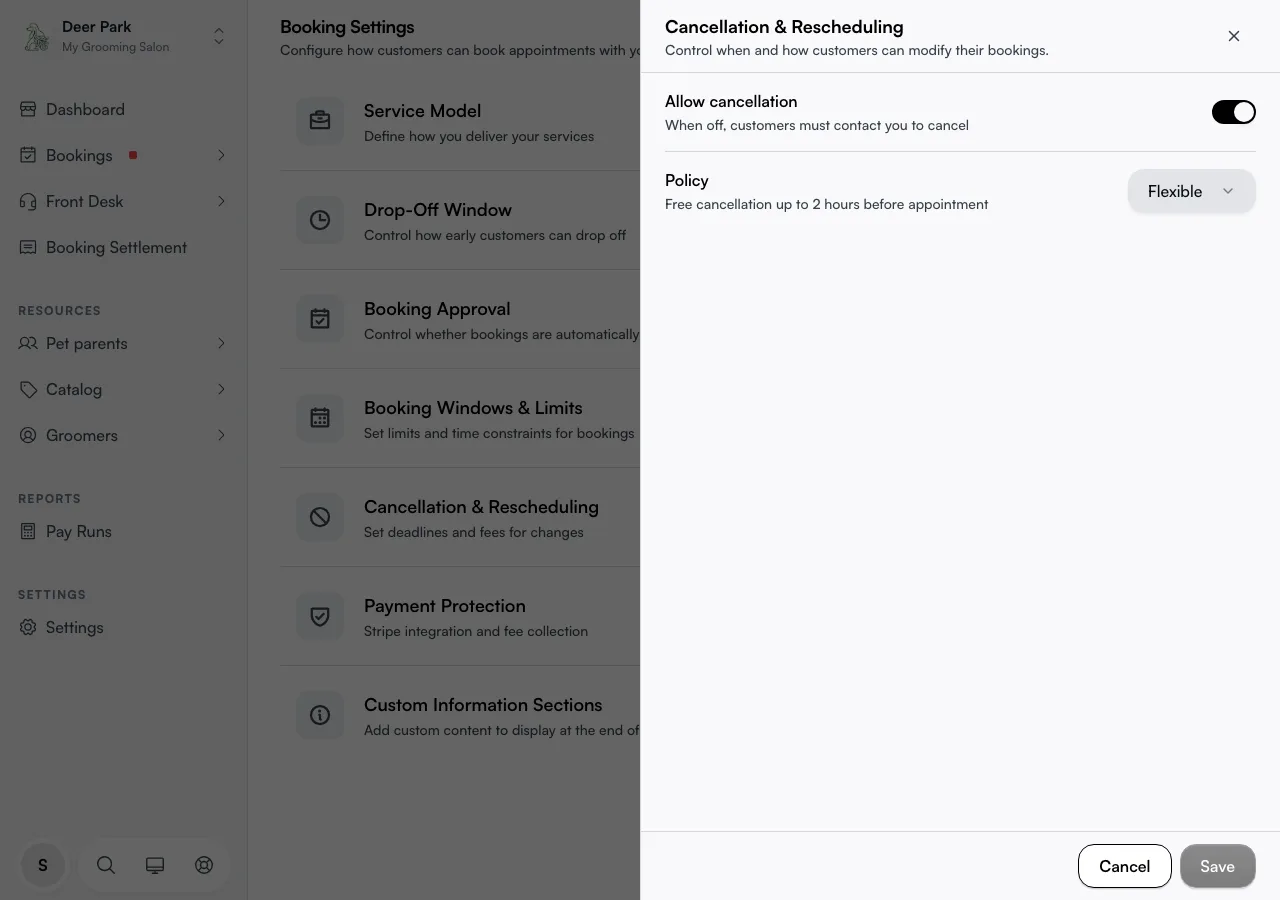The Cancellation and Rescheduling panel with the Allow cancellation toggle and Policy dropdown