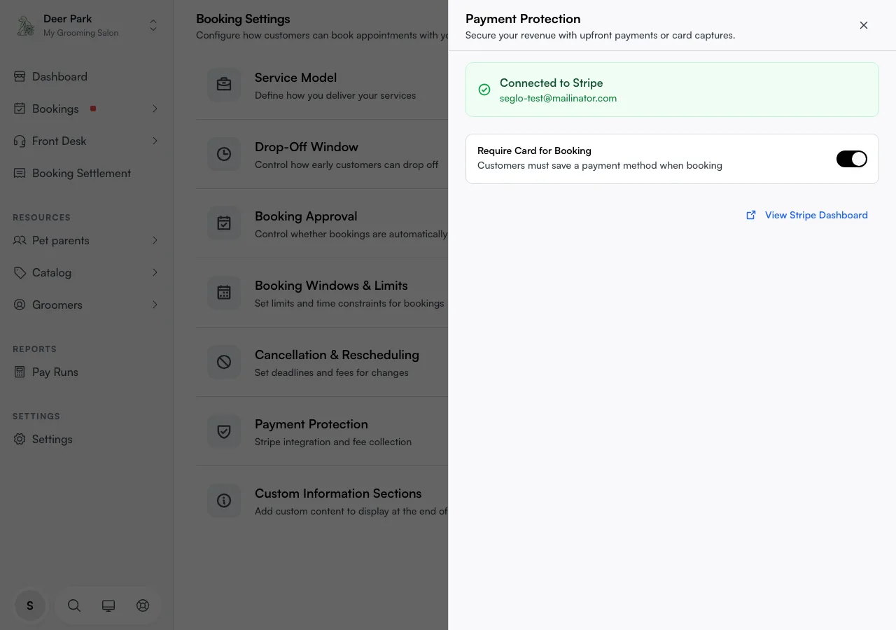 The Payment Protection panel showing the Stripe connection and the Require Card for Booking toggle