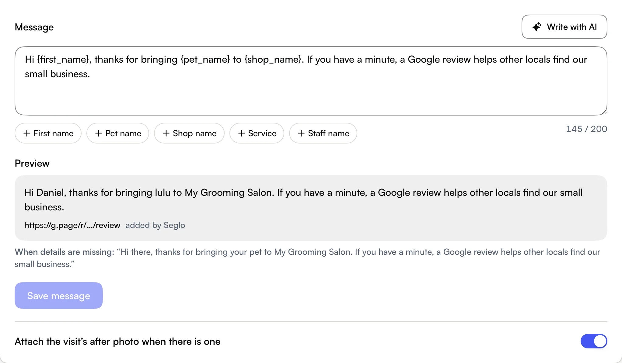 The review Message section with the detail buttons, the 200-character counter, a Preview with the link added by Seglo and the after photo switch