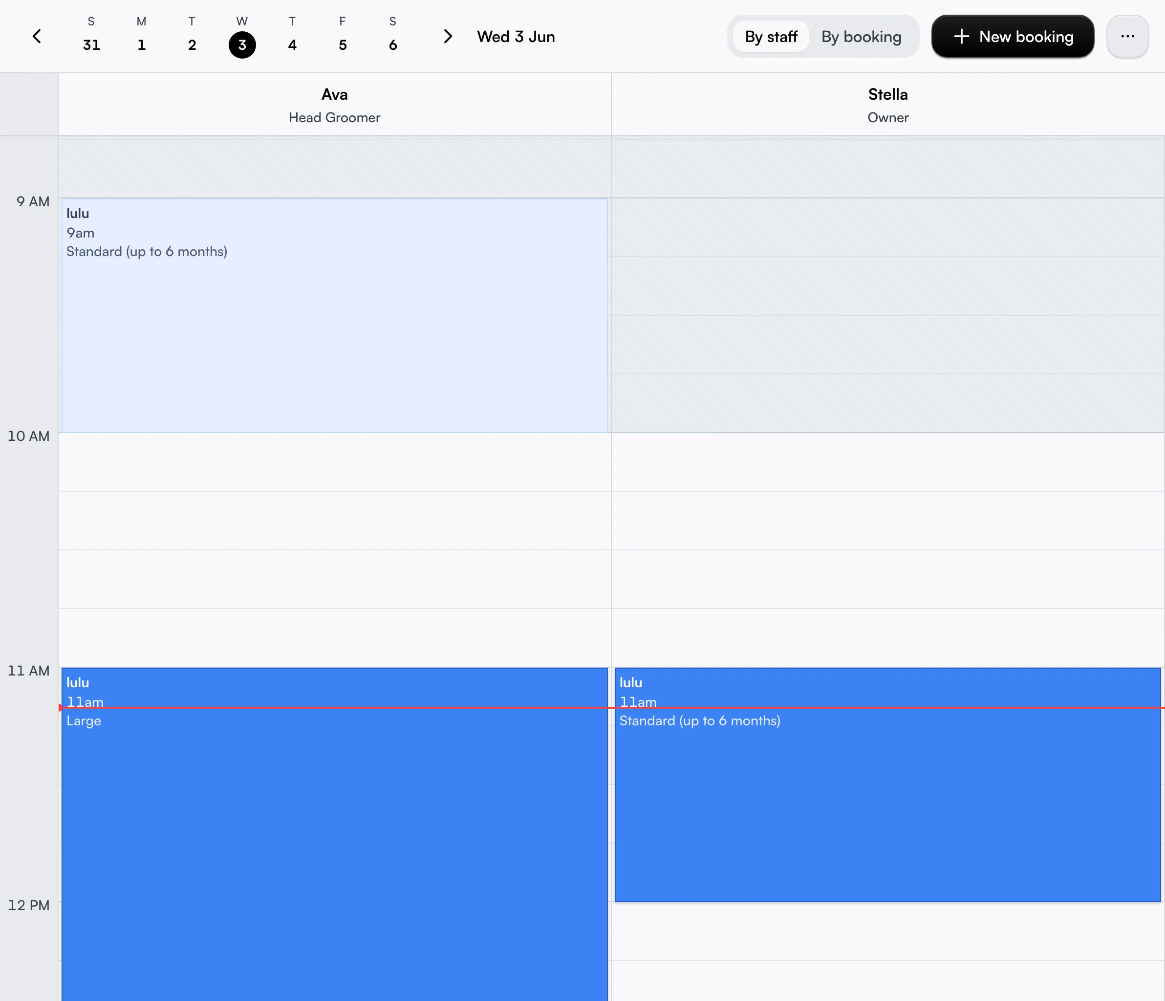 The Schedule grid in By staff view, with one lane per team member and the view switcher in the toolbar