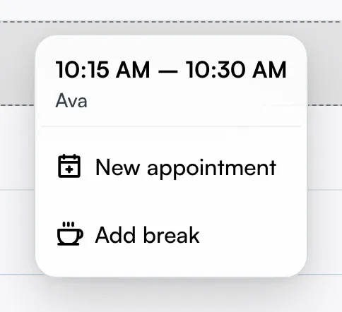 The slot menu showing New appointment and Add break after clicking an empty lane slot