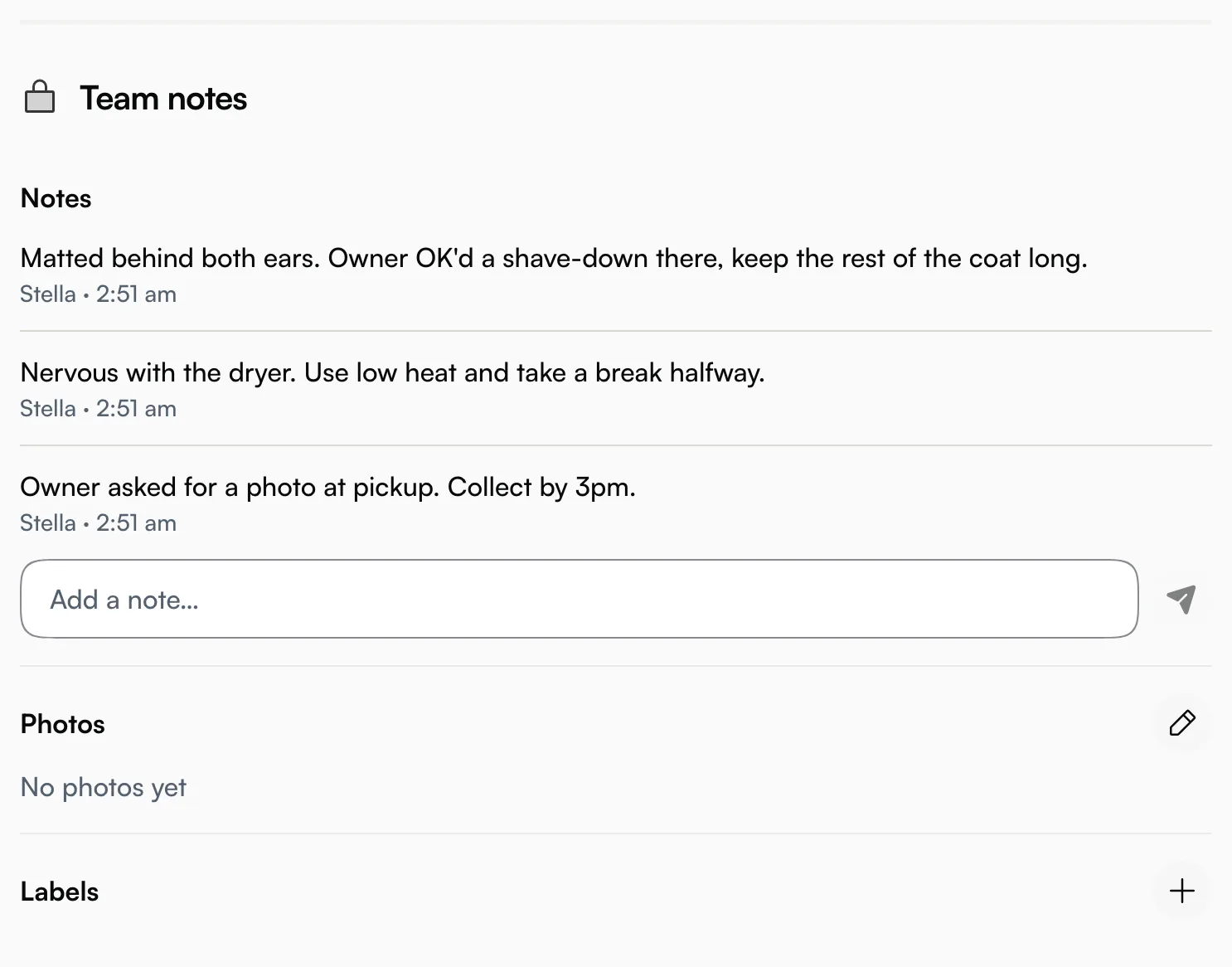 A booking's Team notes in the web app: three notes with author and time, and the Add a note… field