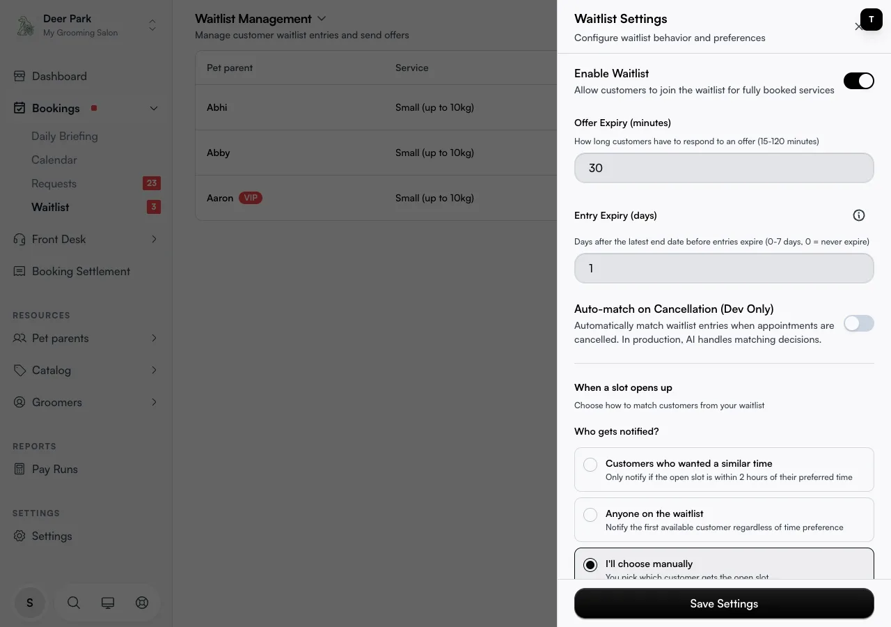 The Waitlist Settings panel with the Enable Waitlist toggle and the offer and entry expiry fields