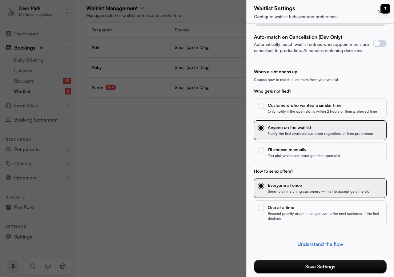 The matching options showing the Auto-match toggle and how offers are sent