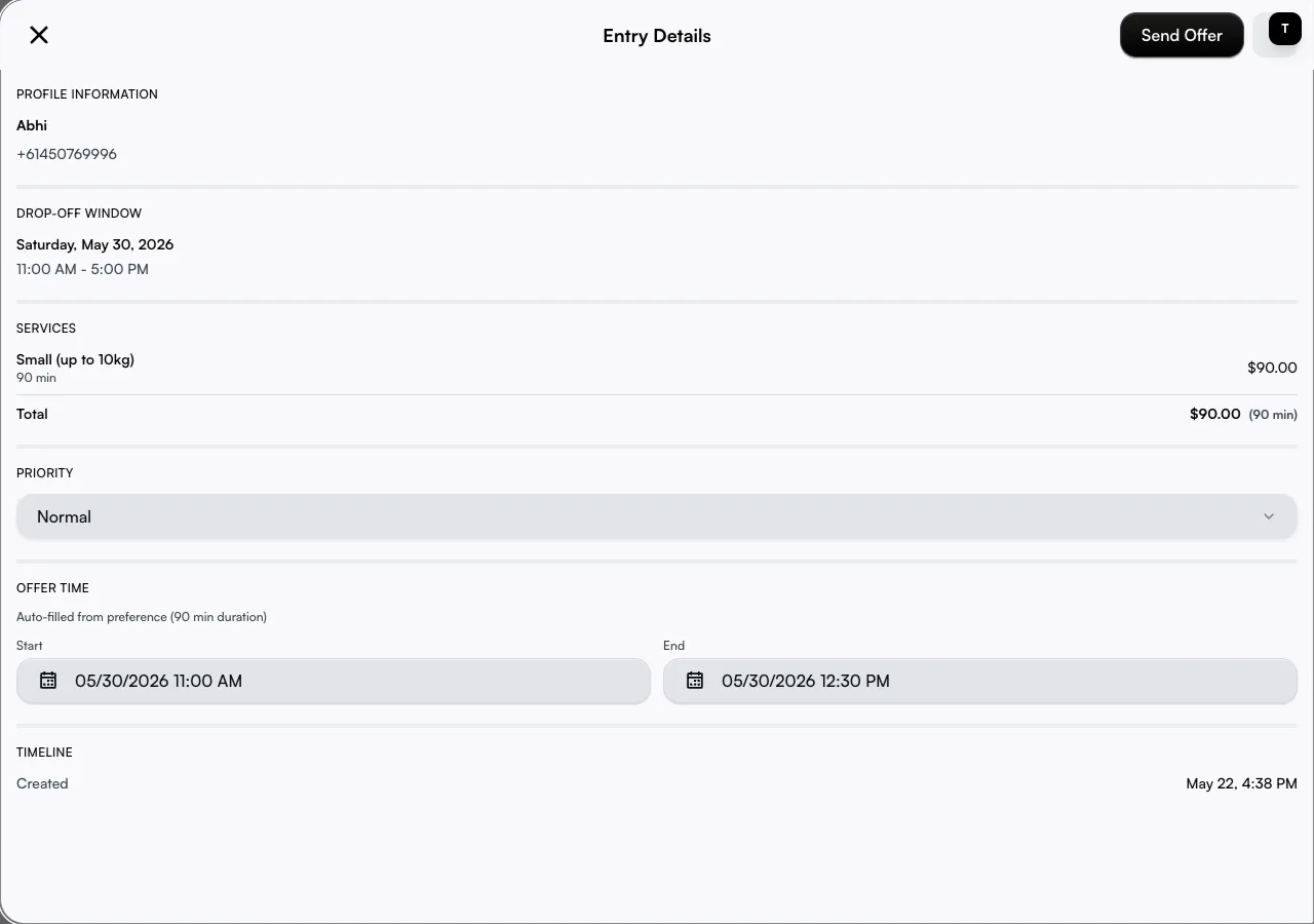 The entry details panel with the customer's window, services, priority, and the Send Offer button