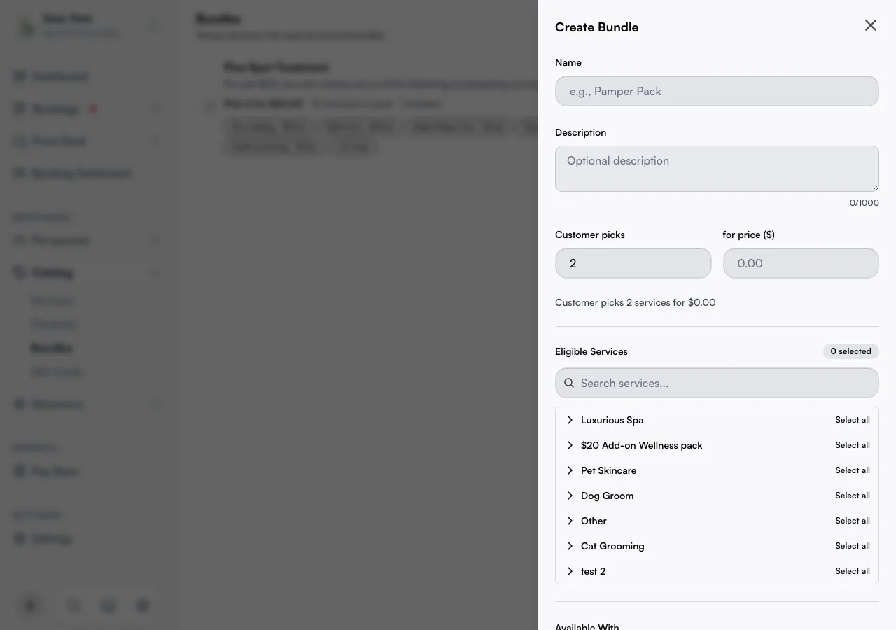 The Create Bundle panel with name, customer picks, price, and the eligible services list