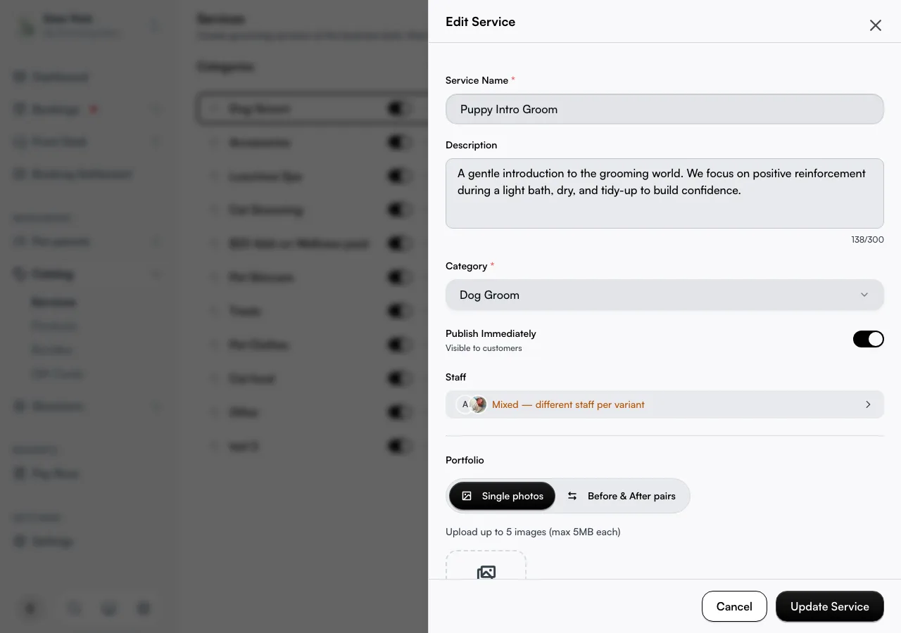 The service Portfolio panel in Single photos mode with the upload tile