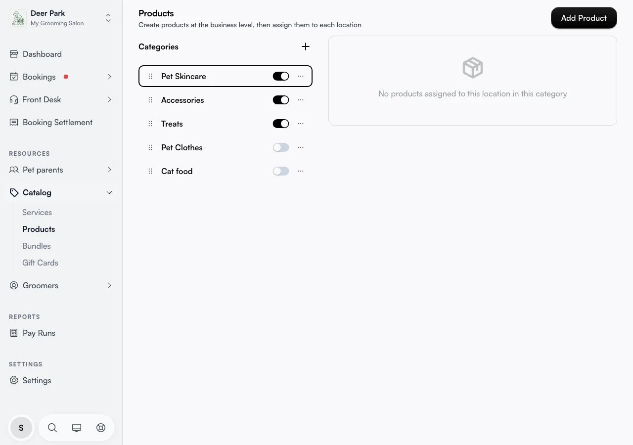 The Products page with the category list on the left and products on the right
