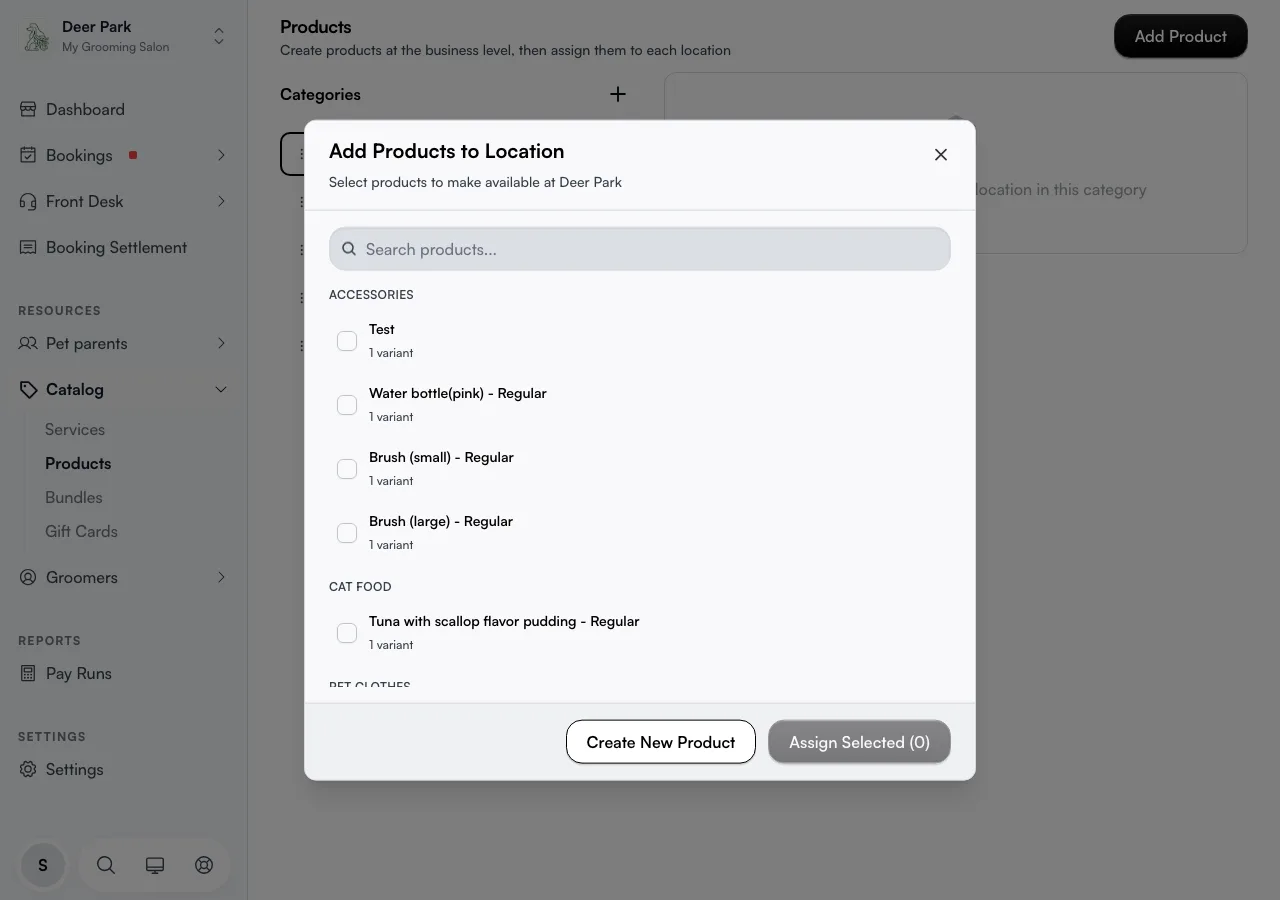 The Add Products to Location dialog with the Create New Product button