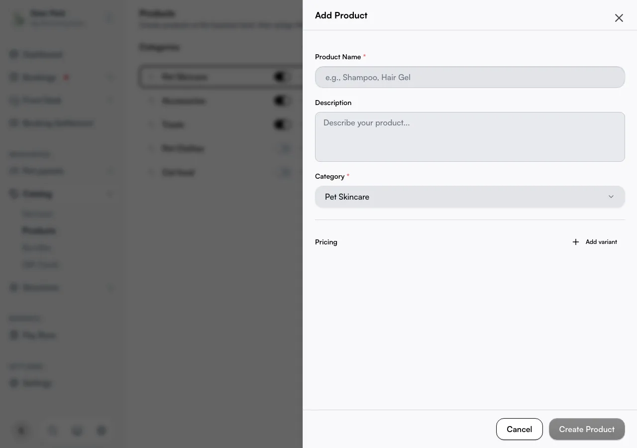The product editor showing name, category, and the Pricing section with a variant row