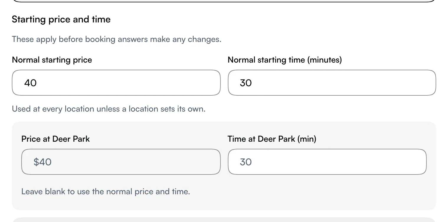 A service's Normal starting price and time, with the shaded Price at and Time at fields for the selected location