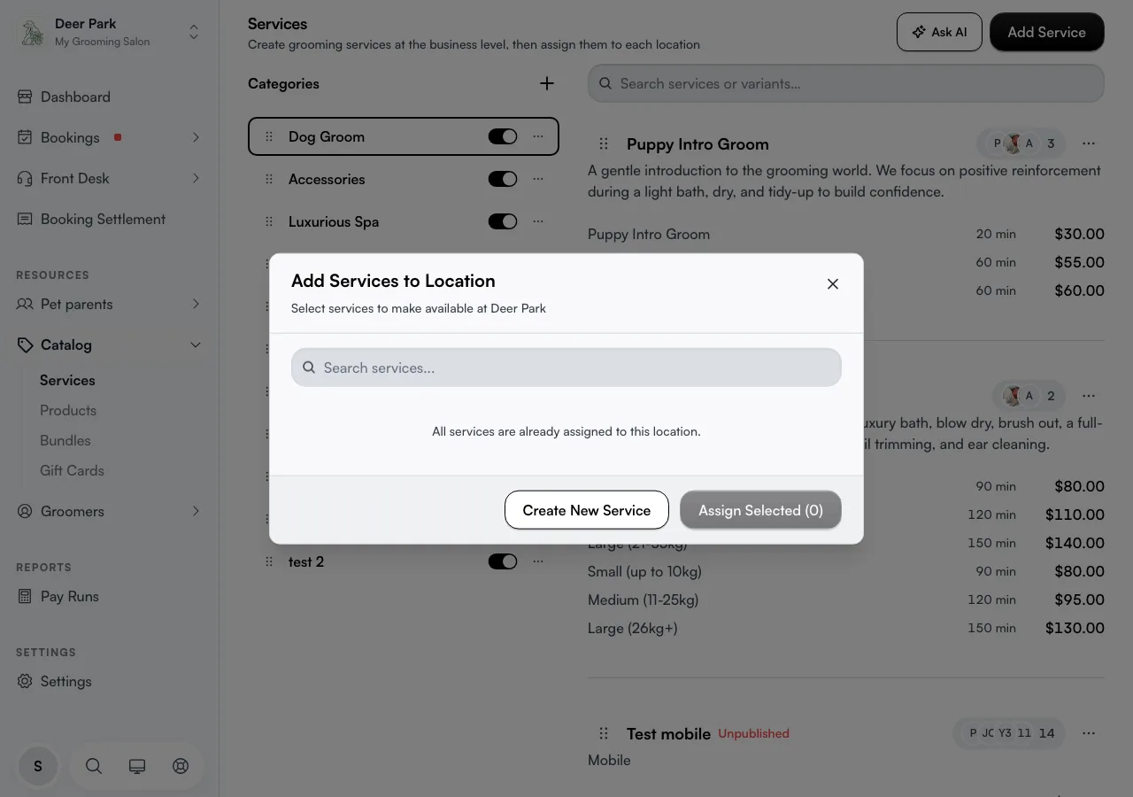 The Add Services to Location dialog with the Create New Service button