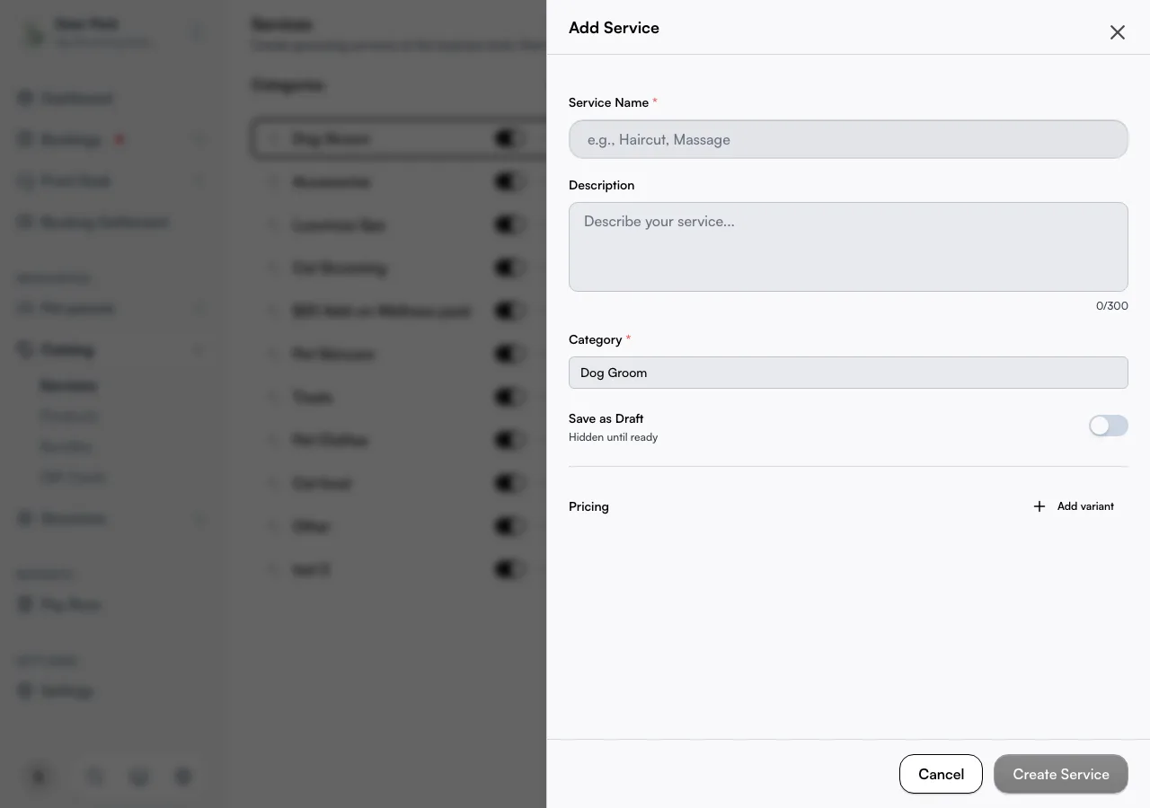 The Add Service drawer with name, description, category, the draft toggle, and the Pricing section