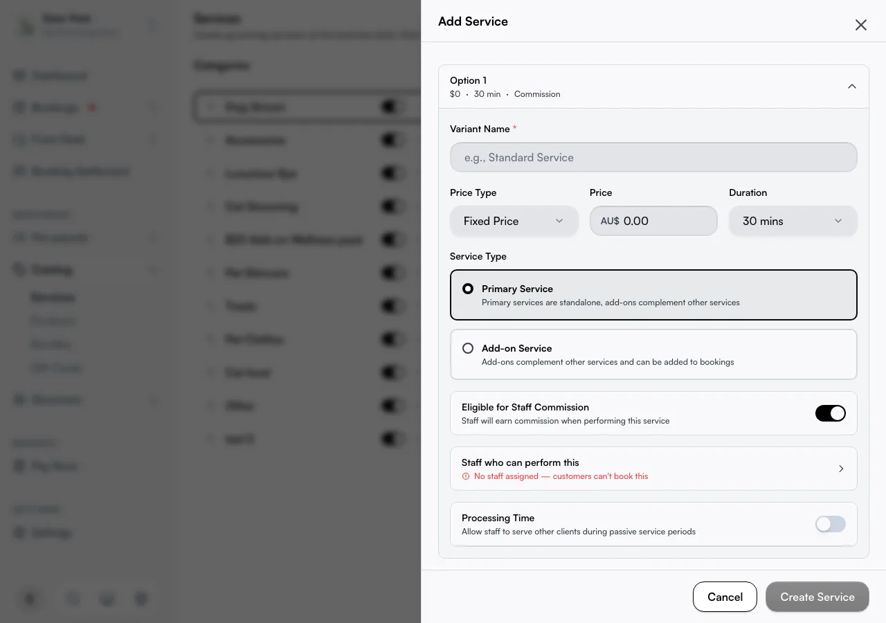 The expanded variant form inside a service's Pricing section