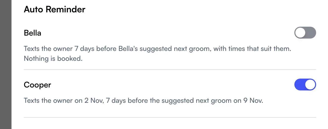 The Auto Reminder section on an owner's record, one switch per pet