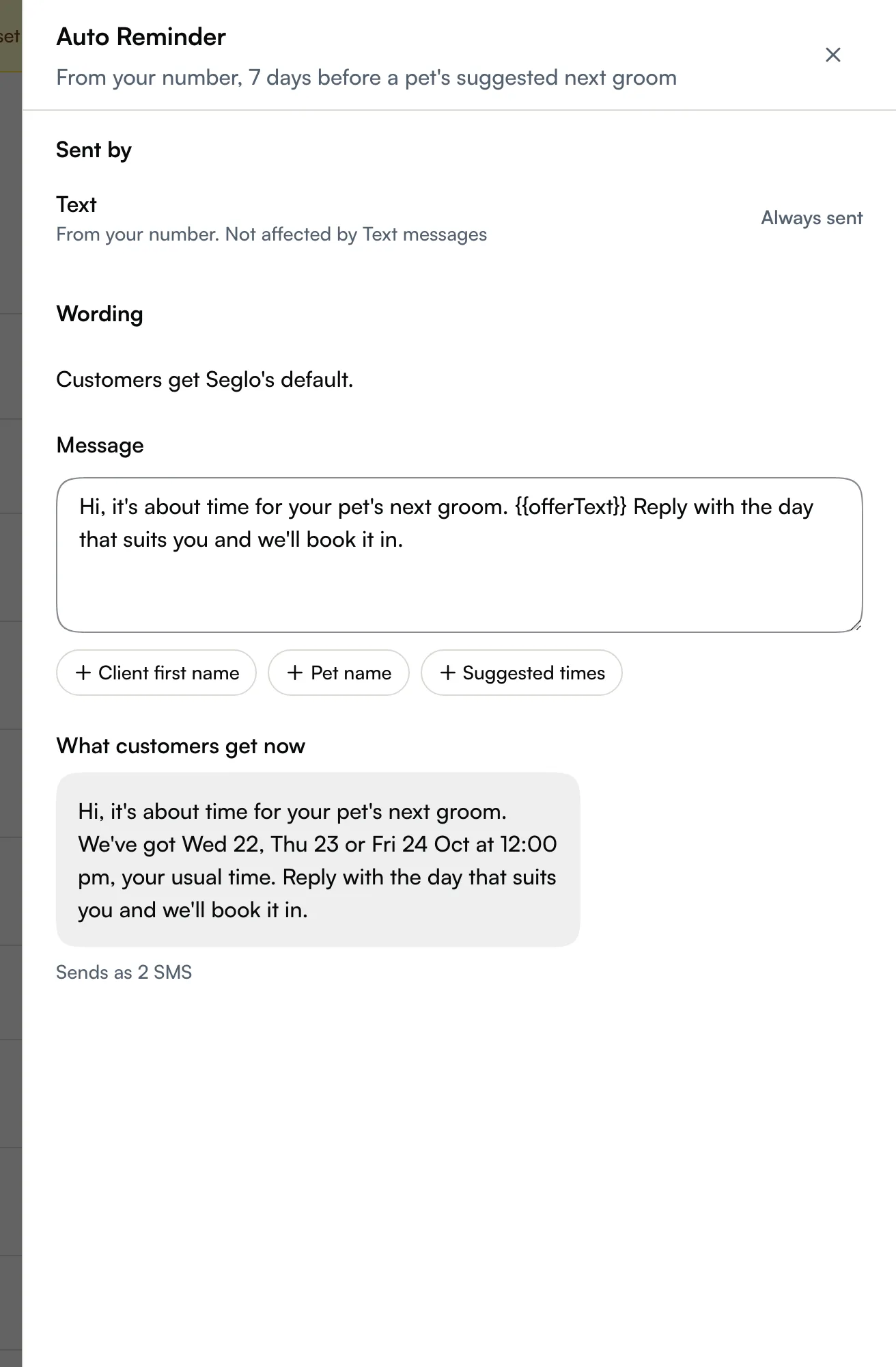 The Auto Reminder wording panel in Notifications, with buttons to add details and a preview