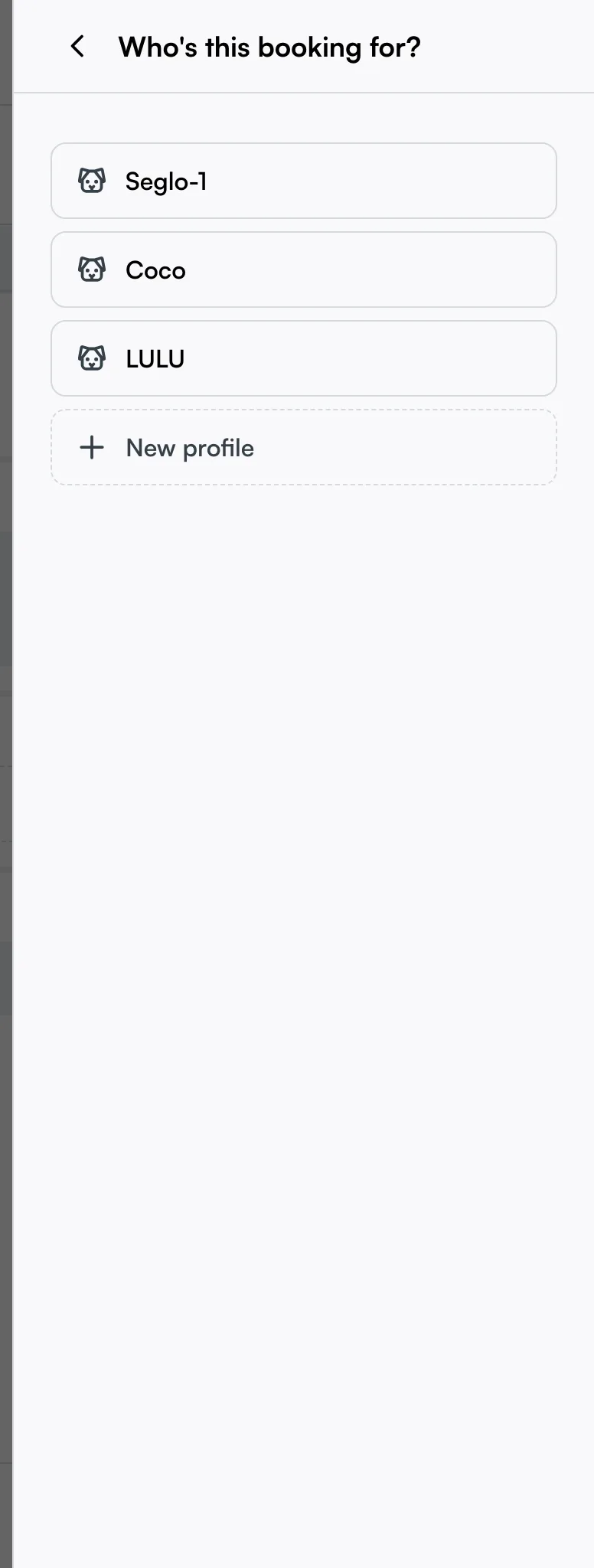 The "Who's this booking for?" picker listing the client's profiles plus New profile