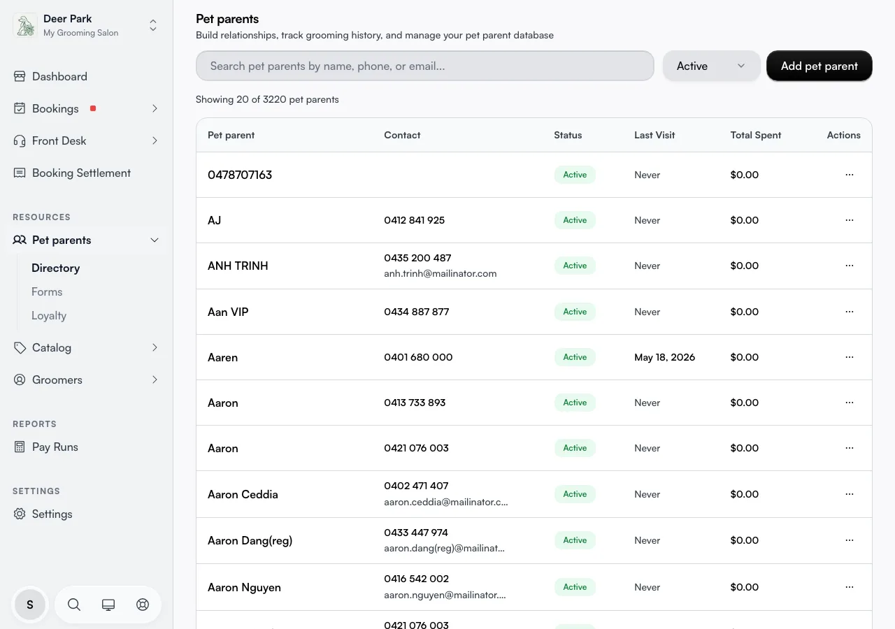 The client directory with the search box, status filter, and Add Client button