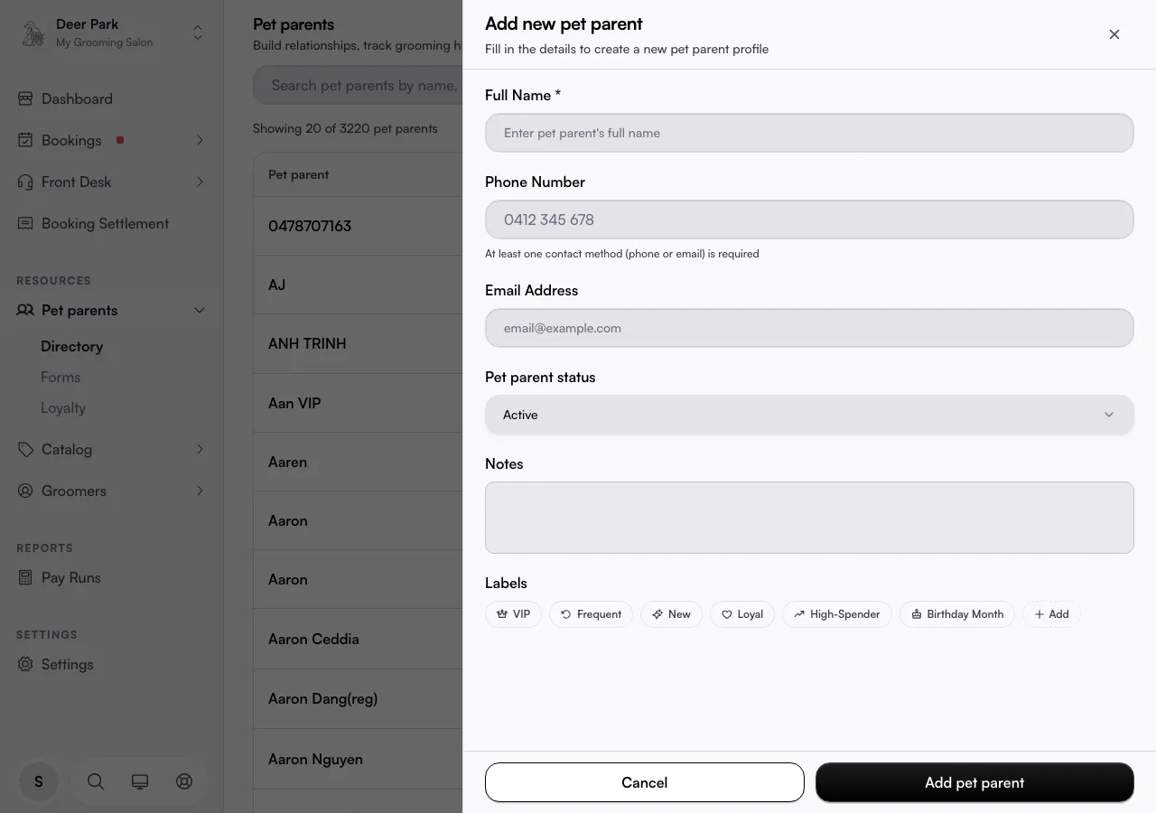 The Add Client drawer with name, contact, status, and labels