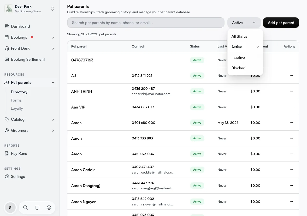 The status dropdown showing All Status, Active, Inactive, and Blocked