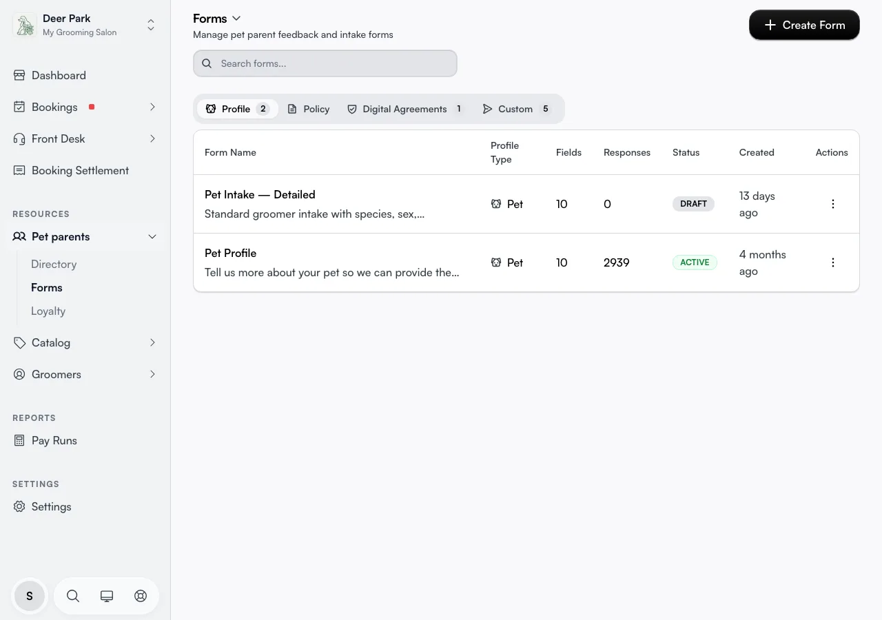 The Forms page with the form-type tabs and a list of forms