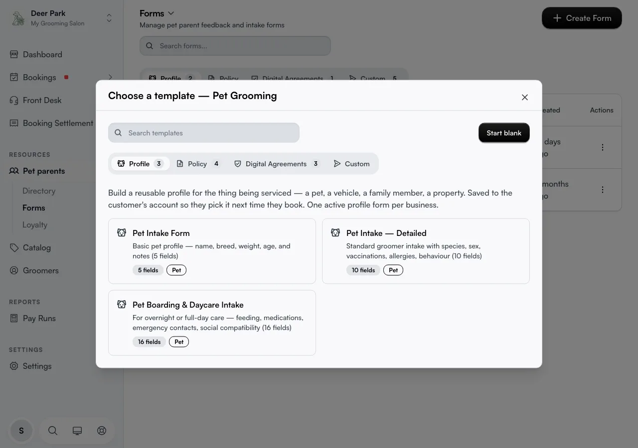 The template picker with industry-matched templates and a Start blank option