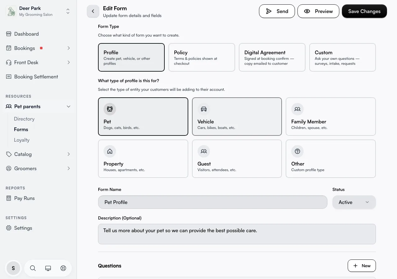 The form builder with the form-type selector, profile-type cards, and form details