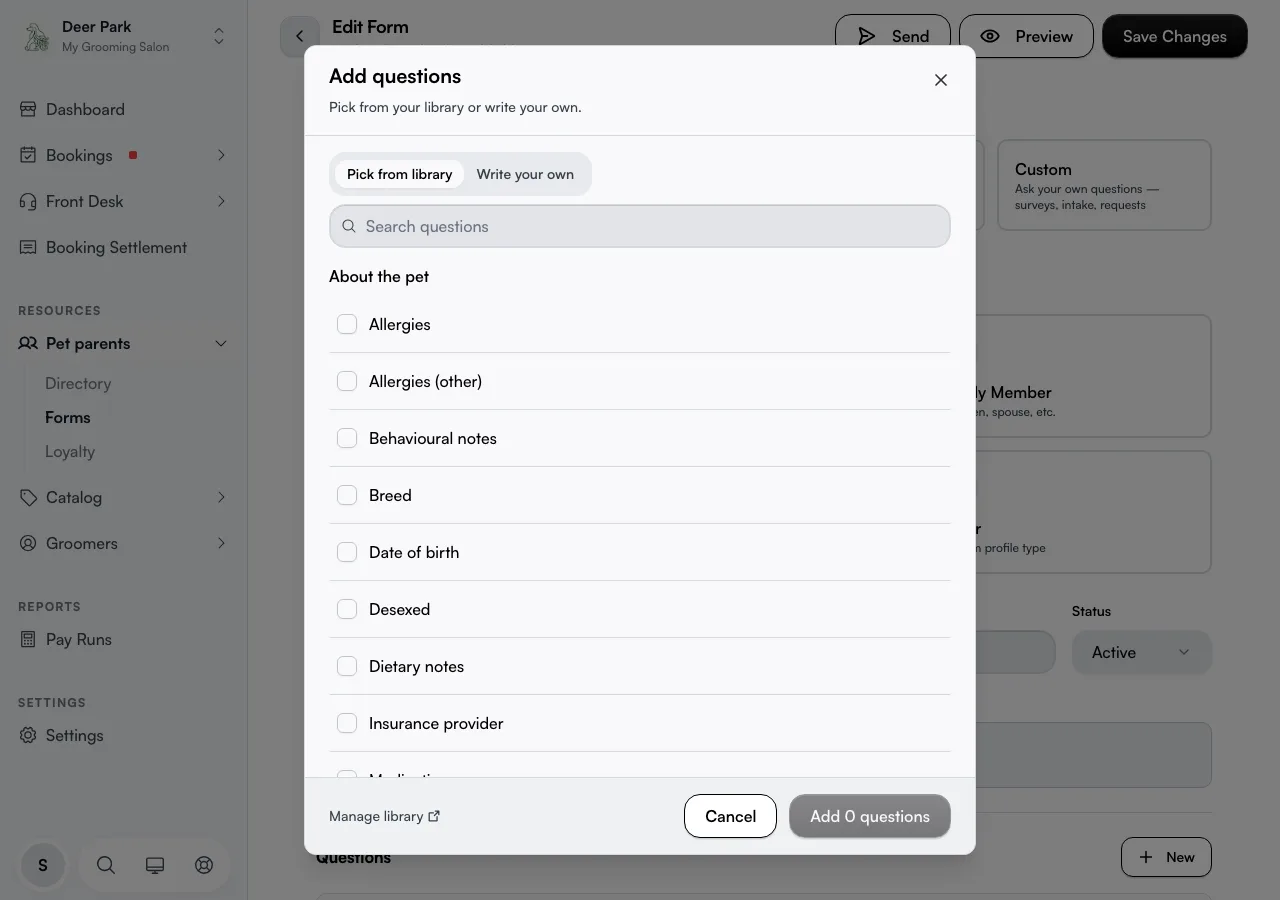 The Add a question dialog with the search box and Create as new option
