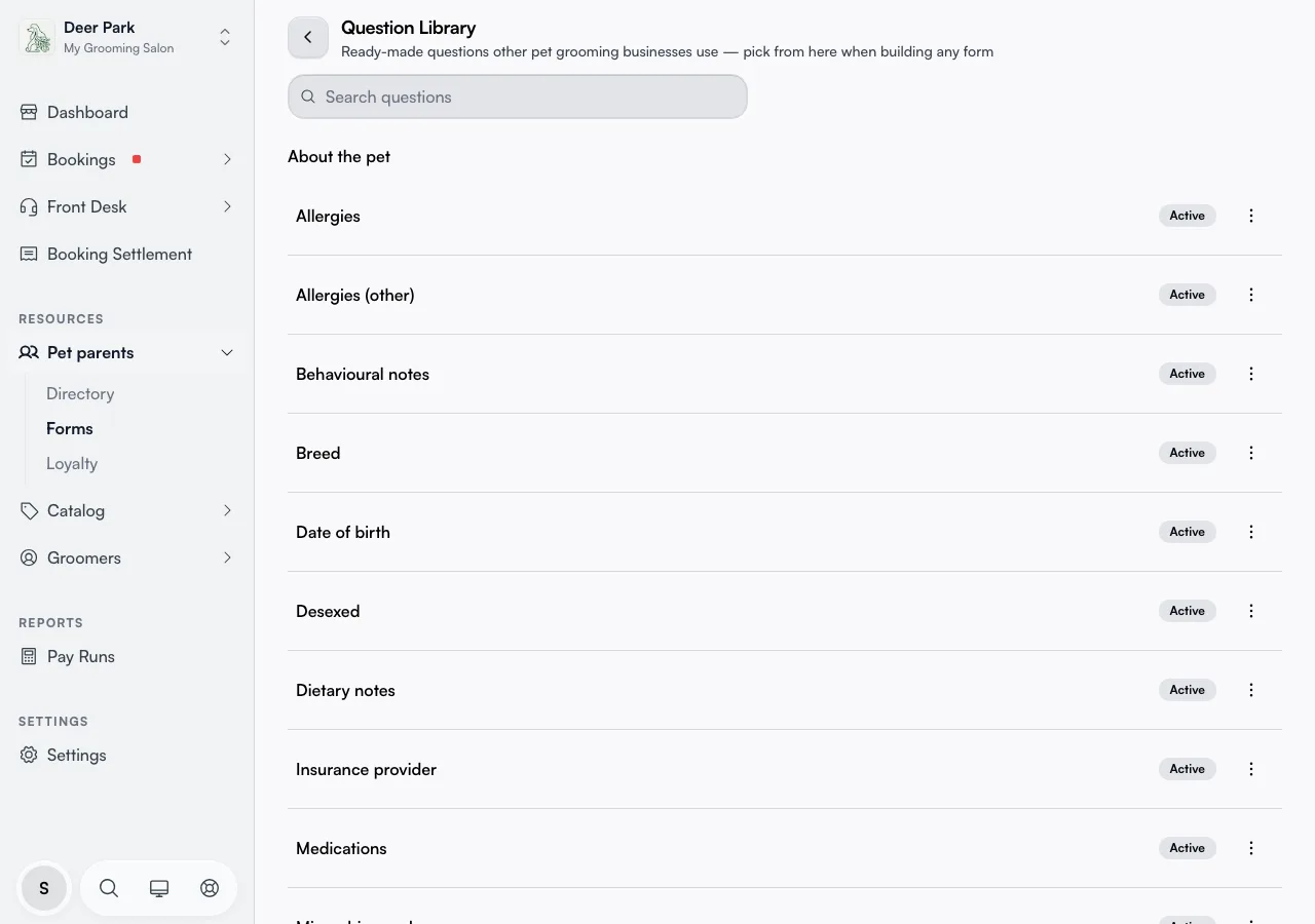 The Question Library admin page listing questions grouped by section