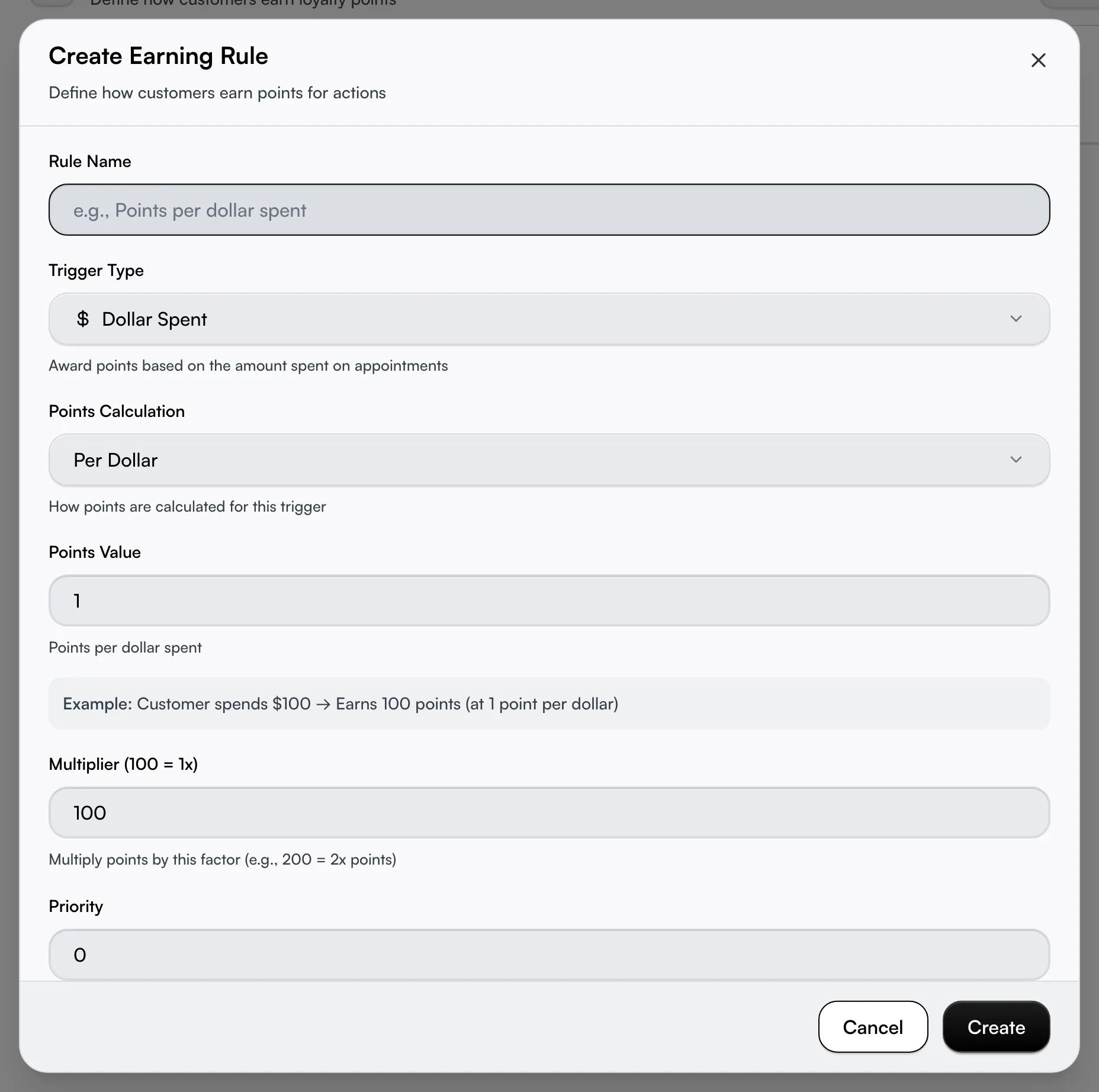 The Create Earning Rule dialog with name, trigger type, points calculation, value, multiplier, and priority fields
