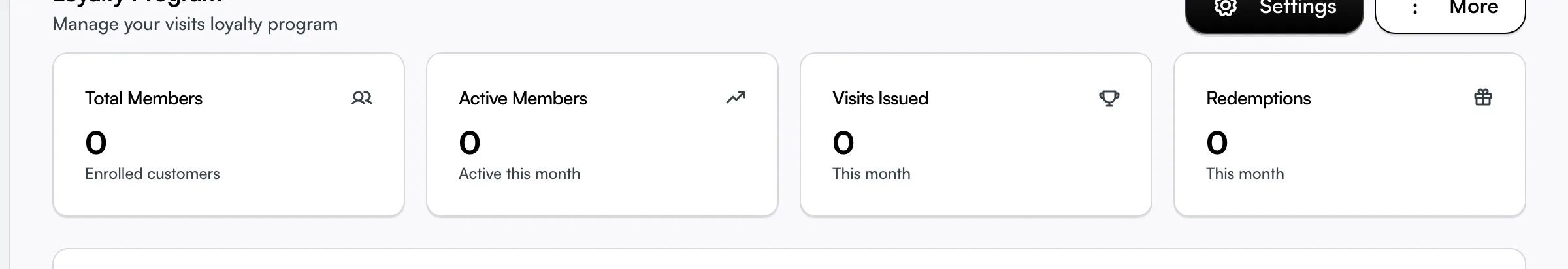 The loyalty dashboard with member and points cards, plus the Settings button and More menu